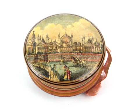 An early Tunbridge ware white wood print and paint decorated pin cushion, of circular waisted form with line decoration below