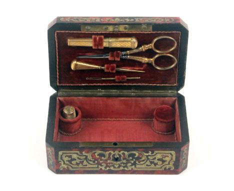 A French red tortoiseshell and engraved brass Boulle sewing box of small format, circa 1870, of cut corner rectangular form. 