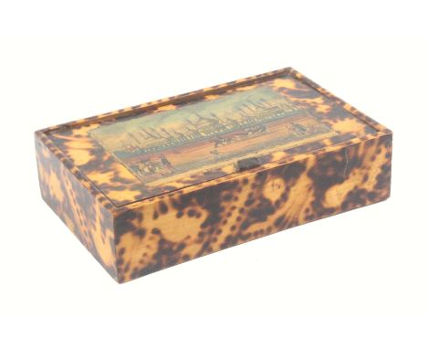 An early Tunbridge ware print and burnt ware white wood sewing box of small format, of rectangular form, the pin hinge lid wi