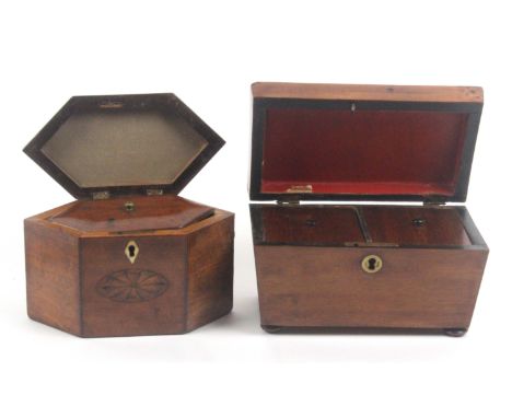 Two tea caddies, comprising a Georgian mahogany example of hexagonal form, the front and lid with oval fan inlays, rope strun