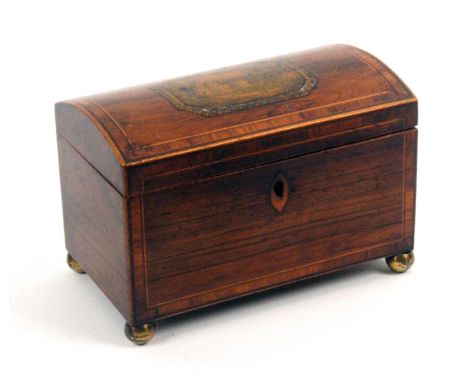 An early Tunbridge ware print decorated small tea caddy by George Wise, veneered in rosewood and raised on brass ball feet, t