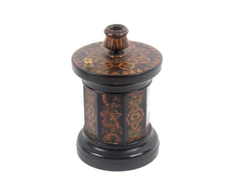 A good Tunbridge ware ebony go to bed or sealing wax set, in ebony, probably by Thomas Barton, the turned ebony base with rin