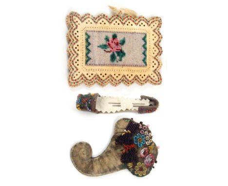 Three beadwork ornamented sewing accessories, comprising a needle book, the Bristol boards, with beadwork edges, each cover w