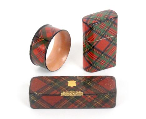 Tartan ware - three pieces, comprising a wooden hinge snuff box (Stuart), with gilt metal thumb piece and lid shield, interio