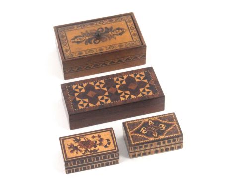 Four small Tunbridge ware boxes with retailers labels, comprising a rectangular example, the inset lid with floral and geomet