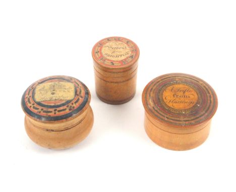 Three early Tunbridge ware white wood, label and print decorated cylinder boxes, the first with domed ring painted lid centre