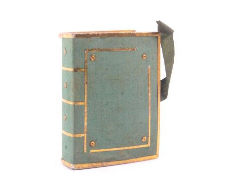 A combination pin cushion/needle book, green silk covers and spine with gold foil decoration (minor losses), the interior wit