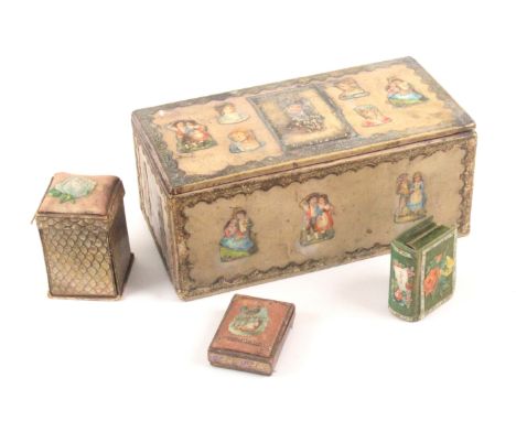 A Victorian scrap decorated box, circa 1870, and three other pieces, the first rectangular with internal pin cushion, 22 x 11
