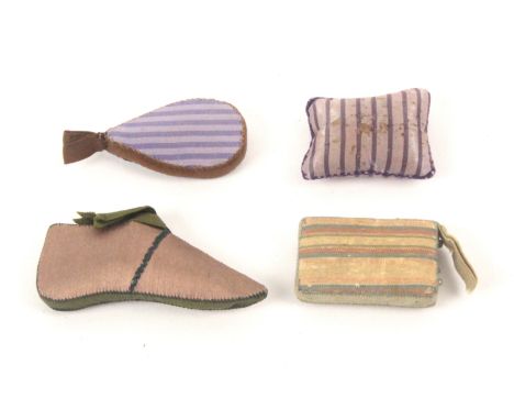 Four diminutive silk pin cushions, comprising a shoe form example neatly stitched in green, 5cms, and three striped silk exam