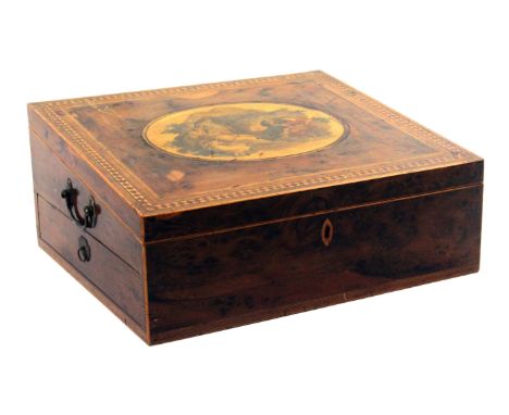 A rare Tunbridge ware burr yew wood, inlaid and print decorated writing box incorporating a drawer fitted for artists materia