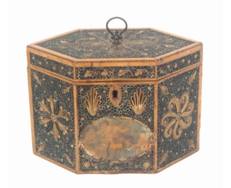 A George III rolled paper tea caddy, of hexagonal form within rope strung borders, the front with oval print of cherubs, comp
