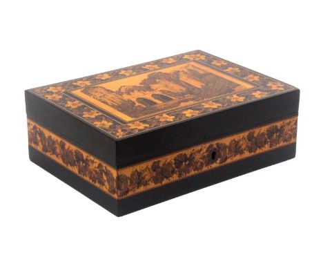 A fine Tunbridge ware ebony box with a mosaic view of Bayham Abbey, attributed to Thomas Barton, of rectangular form, the sid