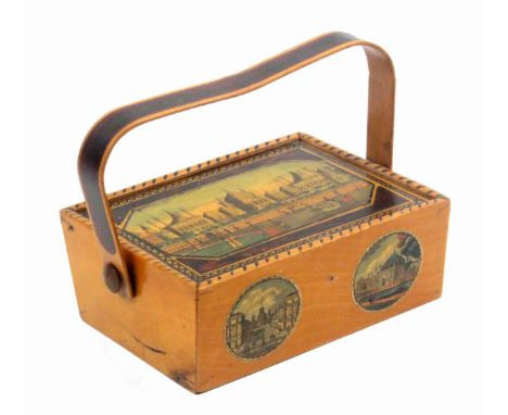 An early Tunbridge ware print and paint decorated small sewing pannier, the pin hinge lid with a colour print of Brighton Pav