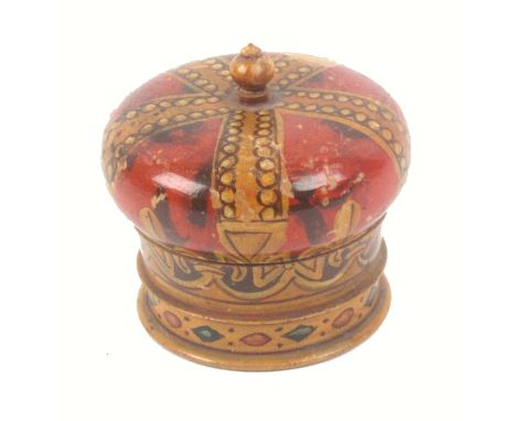 A very rare early Tunbridge ware painted commemorative pin cushion in the form of a Royal Crown, dated 1809 and commemorating