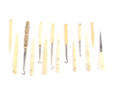 Stanhopes - sewing, eight bone handled or bone stilettos with Stanhopes and five similar button hooks comprising, Bath (1.V -