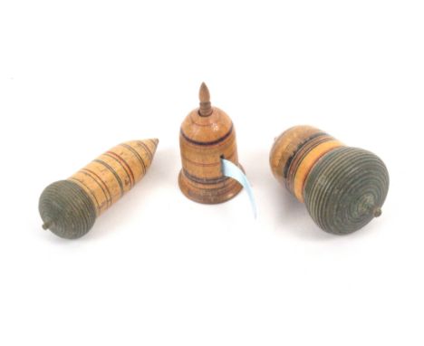 Three early Tunbridge ware white wood and line painted sewing accessories, comprising an acorn form pin poppet lacking infill