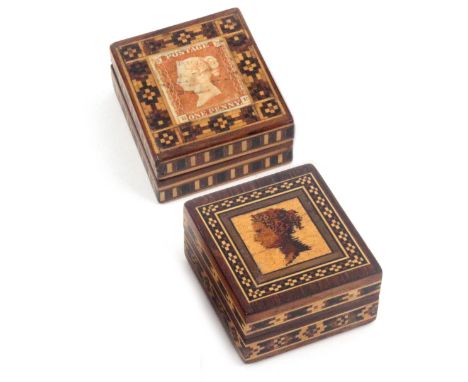 Two Tunbridge ware rectangular stamp boxes, one with two bands of geometric mosaic to the sides, the lid with young Queen Vic