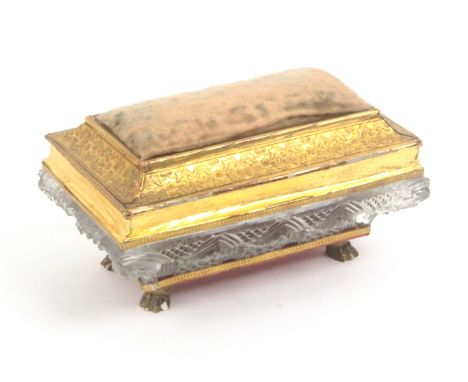 A French glass box with pin cushion lid in the style of Palais Royal, raised on four claw feet, the glass body moulded with a