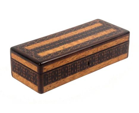 An unusual Tunbridge ware pollarded oak box, of rectangular form the sides and front with a broad band of stick ware, the lid