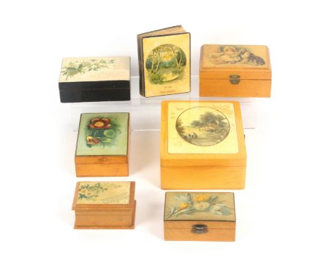 Mauchline ware - seven pieces, comprising a rectangular box (colour oval print - Sussex Labourers Homes), 16cms, another (flo