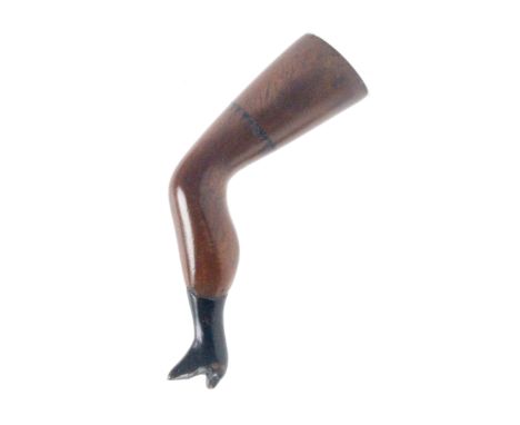 A mahogany knitting stick, fashioned in the form of a lady's leg with garter and black painted boot, oval brass end plate, 14