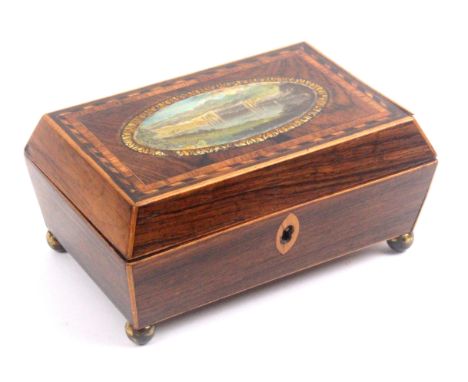 An early Tunbridge ware print decorated rosewood sewing box attributed to George Wise, of sarcophagol form, the lid with an o