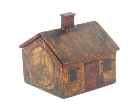 A small early Tunbridge ware cottage form painted white wood reel box, sliding voided lid with painted thatch and red brick c