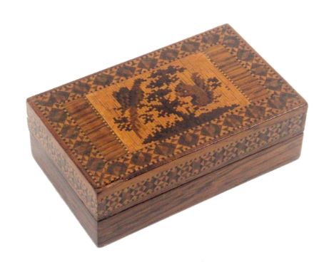 An attractive small Tunbridge ware rosewood rectangular box, the sides with a band of stick ware, the pull off lid with a rec