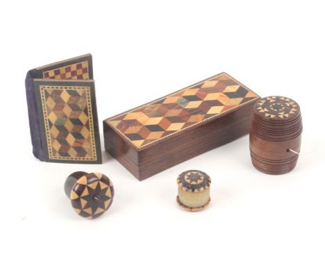 Tunbridge ware - five pieces, comprising a rosewood rectangular box, the lift off lid with a panel of cube work, 10cms, a ree