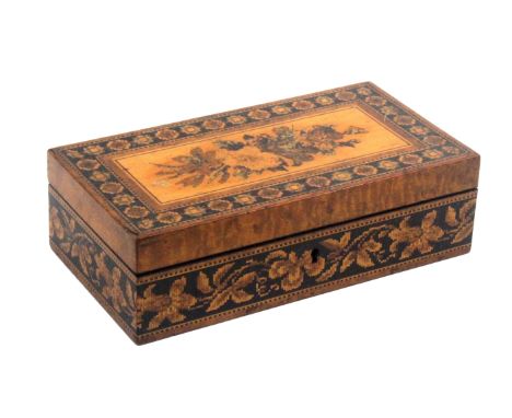 A Tunbridge ware burr maple box by Thomas Barton, of rectangular form the sides with a band of floral mosaic, the hinged lid 