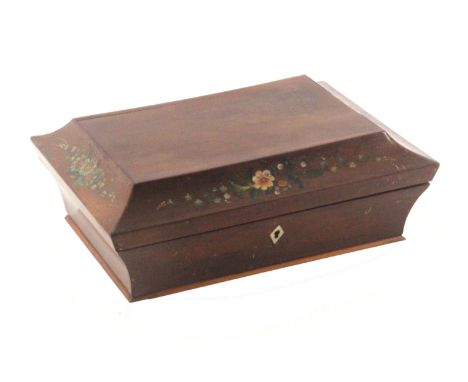 A Spa work mahogany sewing box, circa 1840, of sarcophagol form, the concave lid mouldings painted with flowers, the lid now 