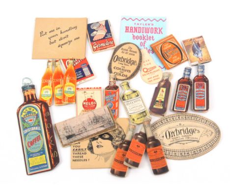 A collection of advertising card and paper needle books, including bottle form examples 'Holbrook + Co., Worcester Relish' (x