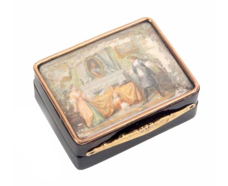 A late 18th Century/early 19th Century gold mounted tortoiseshell snuff box, of rectangular form, the base with engraved gold