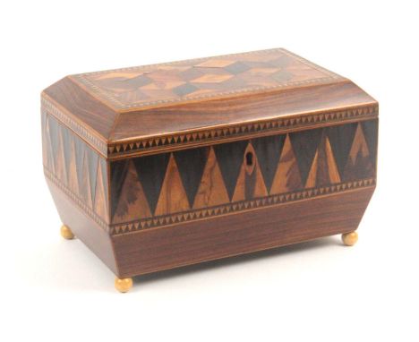 An early rosewood Tunbridge ware tea caddy, of sarcophagol form, the sides with borders of Van Dykes between decorative bandi