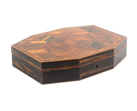 A Tunbridge ware coromandel wood games box, of octagonal form, the lid with a large scale panel of cube work within crossband