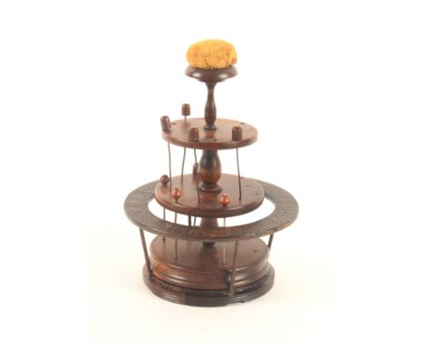 A rosewood reel stand and a Tunbridge ware basket, the reel stand on circular base below two circular tiers and a vase form p