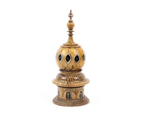 A rare early Tunbridge ware paint decorated white wood sewing companion in the form of the Brighton Pavilion dome, with a com