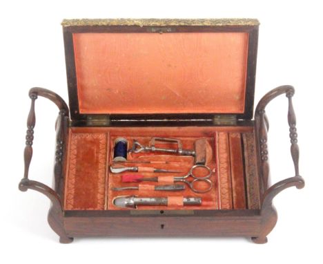 A French rosewood sewing box in the form of a miniature foot stool, circa 1840, the front inlaid as a drawer and flanked by c