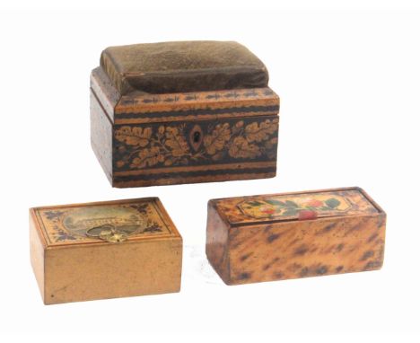 Three small early Tunbridge ware boxes, comprising a rectangular burnt wood example, the pin hinge lid painted with flowers, 
