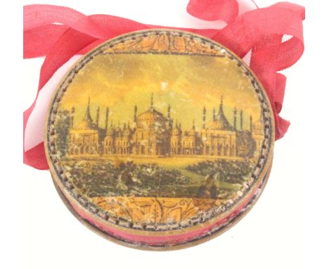 A  rare early Tunbridge ware print decorated circular pin cushion on silk ribbon suspension 'From Morris's Repository Brighto