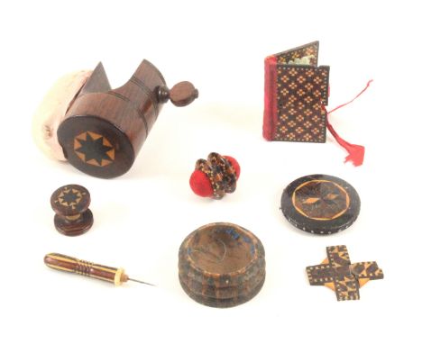 Tunbridge ware - sewing, seven pieces, comprising a needle book with mosaic covers, slight loss to one ribbon aperture, 5.5cm