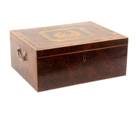 An early Tunbridge ware burr yew wood and print decorated sewing and writing box, attributed to George Wise, of rectangular f