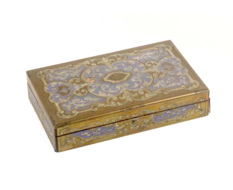 A French blue and white lac and cut brass small format sewing box, circa 1860, of rectangular form the top and sides with lea