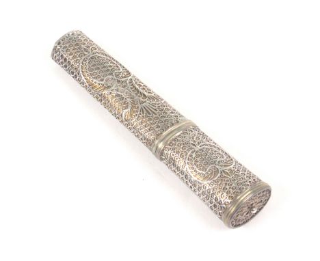 A Georgian silver filigree bodkin case, of oval section and tapering form, the white metal core overlaid with silver filigree