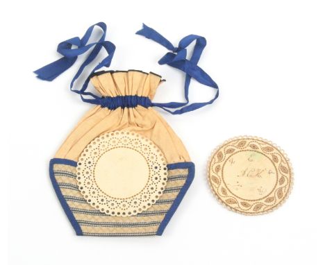 A drawstring purse with Bristol board panels, in cream silk with blue ribbon borders and drawstring, the lower section with c