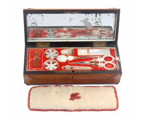 A Palais Royal satinwood small format sewing box, circa 1830, the ogee front and back below a domed lid with central steel ca