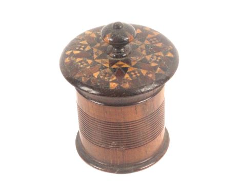 A Tunbridge ware rosewood travelling inkwell, the rib turned rosewood cylinder body below a screw top inset with stick ware b