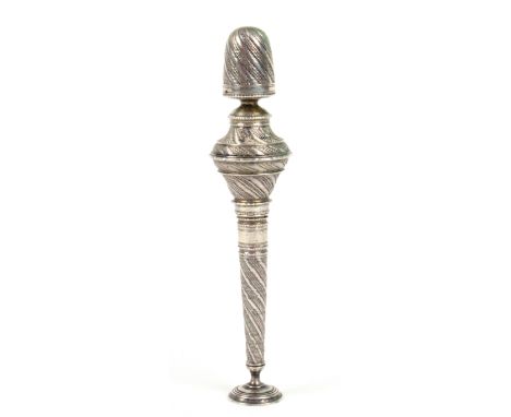 A late 18th Century German silver standing thimble compendium, the circular base to a tapering cylinder needle case, below a 