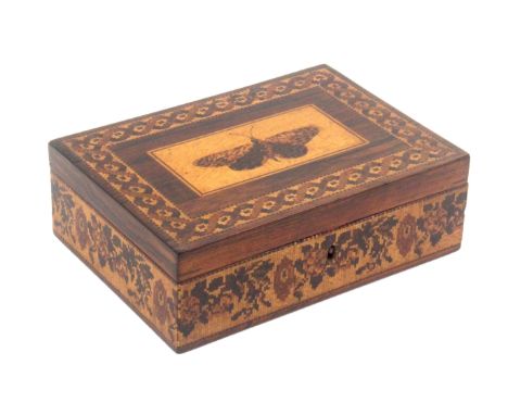 A Tunbridge ware rosewood box, with mosaic panel of a butterfly, by Edmund Nye, of rectangular form the sides with a broad ba