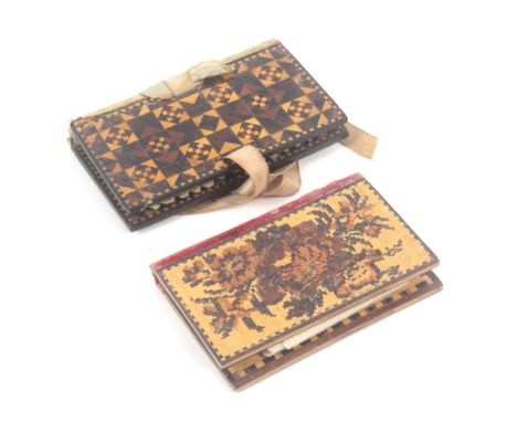 Two Tunbridge ware needle books, one with covers in stick ware, 7.5 x 4.5cms, the other with each board in floral mosaic, 7 x